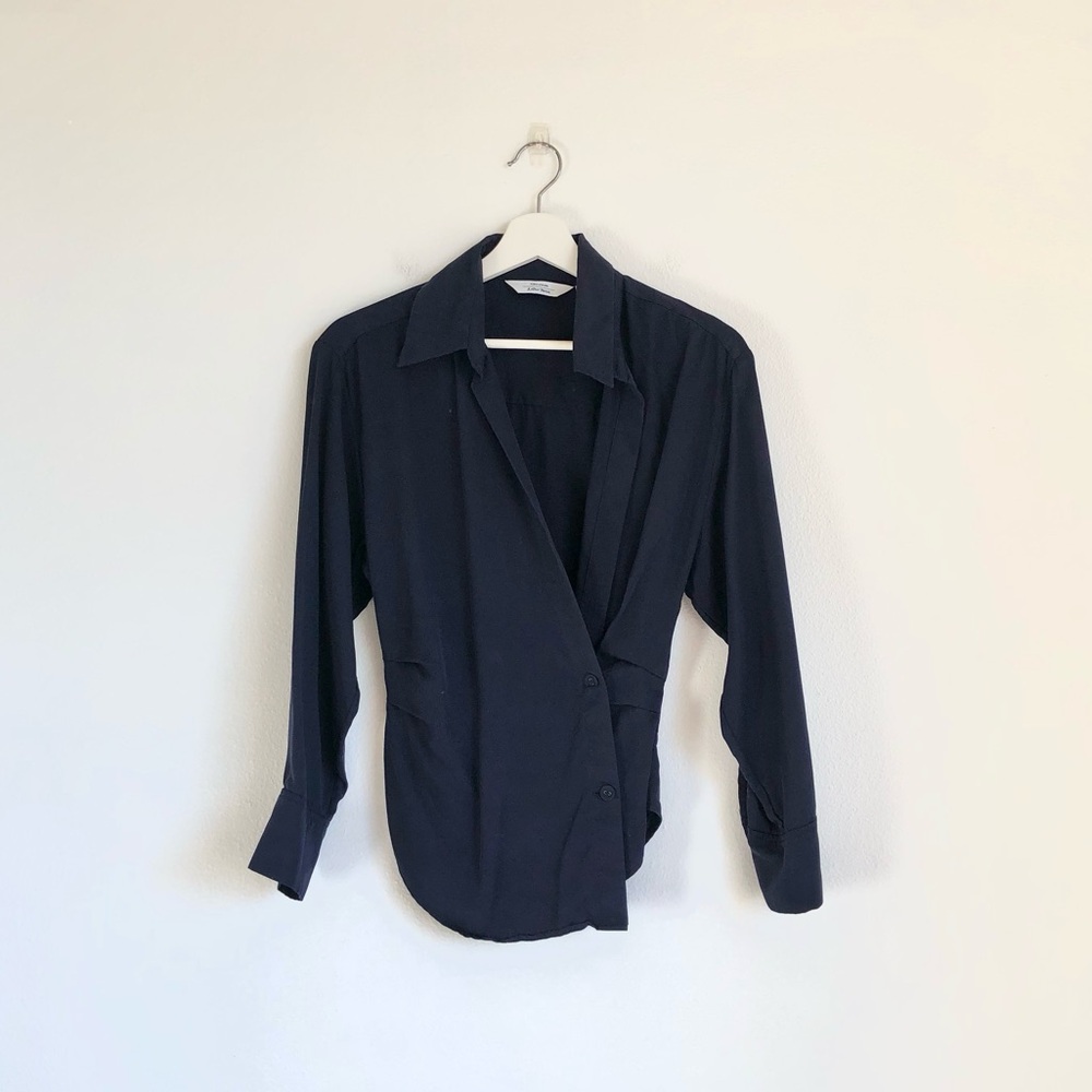 & Other Stories Navy Blue Side Button Surplice Long Sleeve Top Size US 0